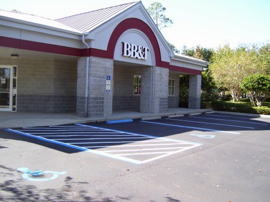 BB&T asphalt parking-lot stripes and handicap stencil